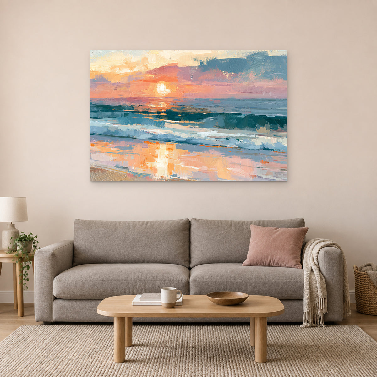Ocean Sunset Wet Sand canvas wall art above a taupe sofa on a blush wall