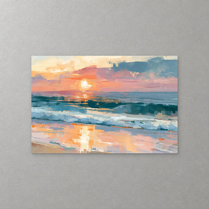 A low sun sits on the horizon between coral and slate clouds, its light spilling in an orange streak across breaking teal waves and wet sand — canvas wall art print