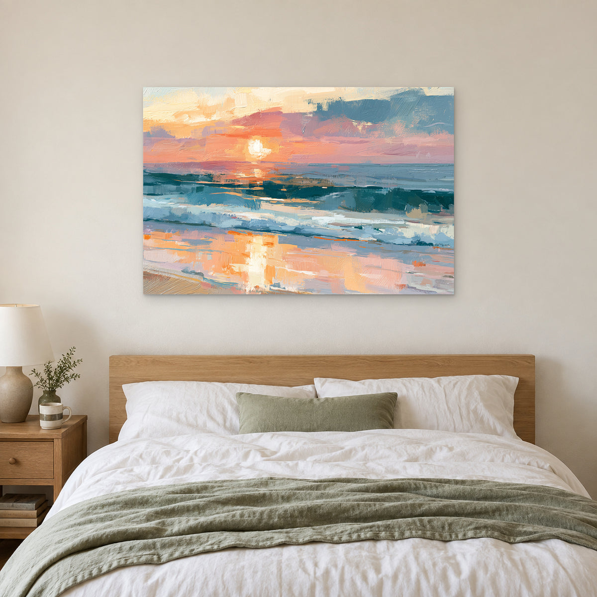 Ocean Sunset Wet Sand canvas wall art above a bed with white linens and a sage throw