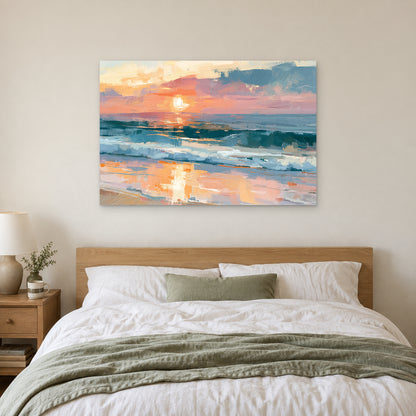 Ocean Sunset Wet Sand canvas wall art above a bed with white linens and a sage throw