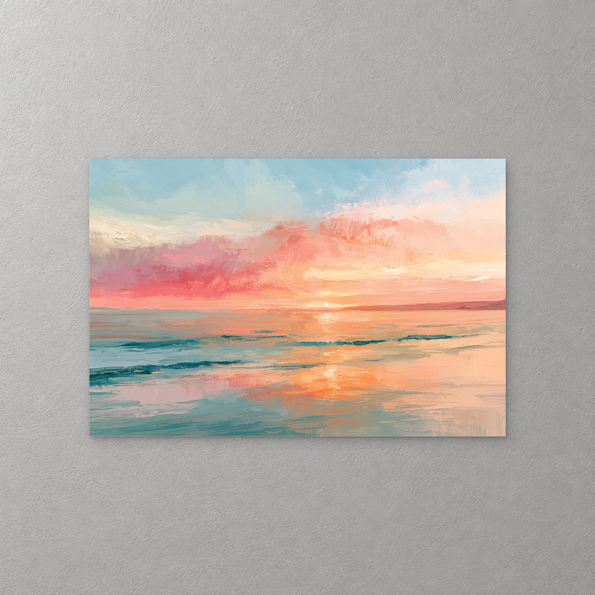 A calm sea under coral and pink cloud, the sun almost on the horizon and its glow reflected in soft teal and peach water — canvas wall art print