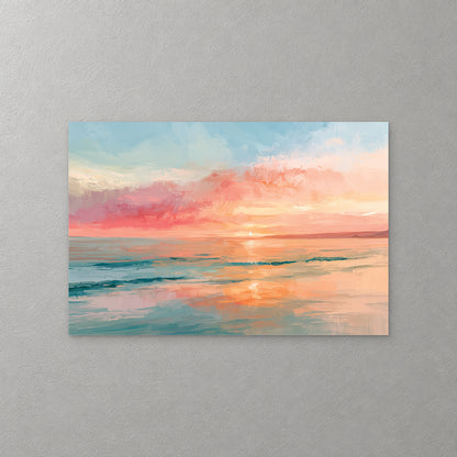 A calm sea under coral and pink cloud, the sun almost on the horizon and its glow reflected in soft teal and peach water — canvas wall art print