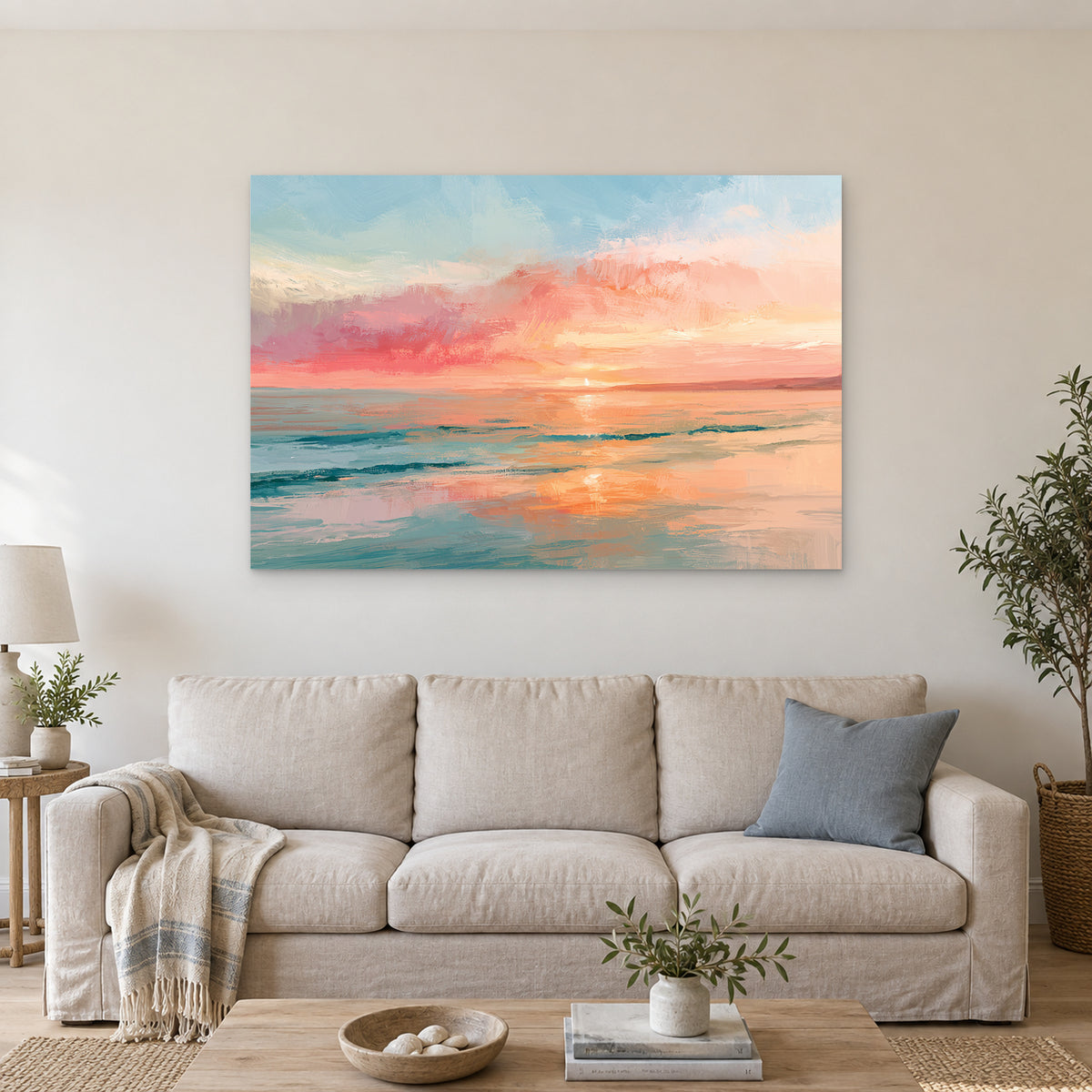 Calm Ocean Pink Sunset canvas wall art above a linen sofa with a blue cushion in a bright living room