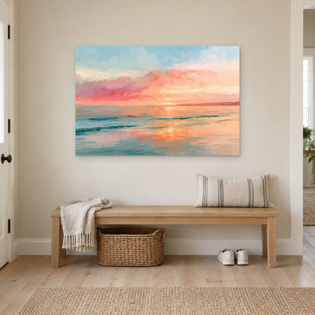 Calm Ocean Pink Sunset canvas wall art above a wooden entryway bench with a woven basket