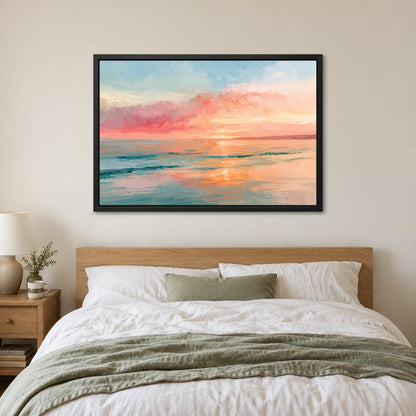 Calm Ocean Pink Sunset framed canvas in a black floating frame above a bed with white linens and a sage throw