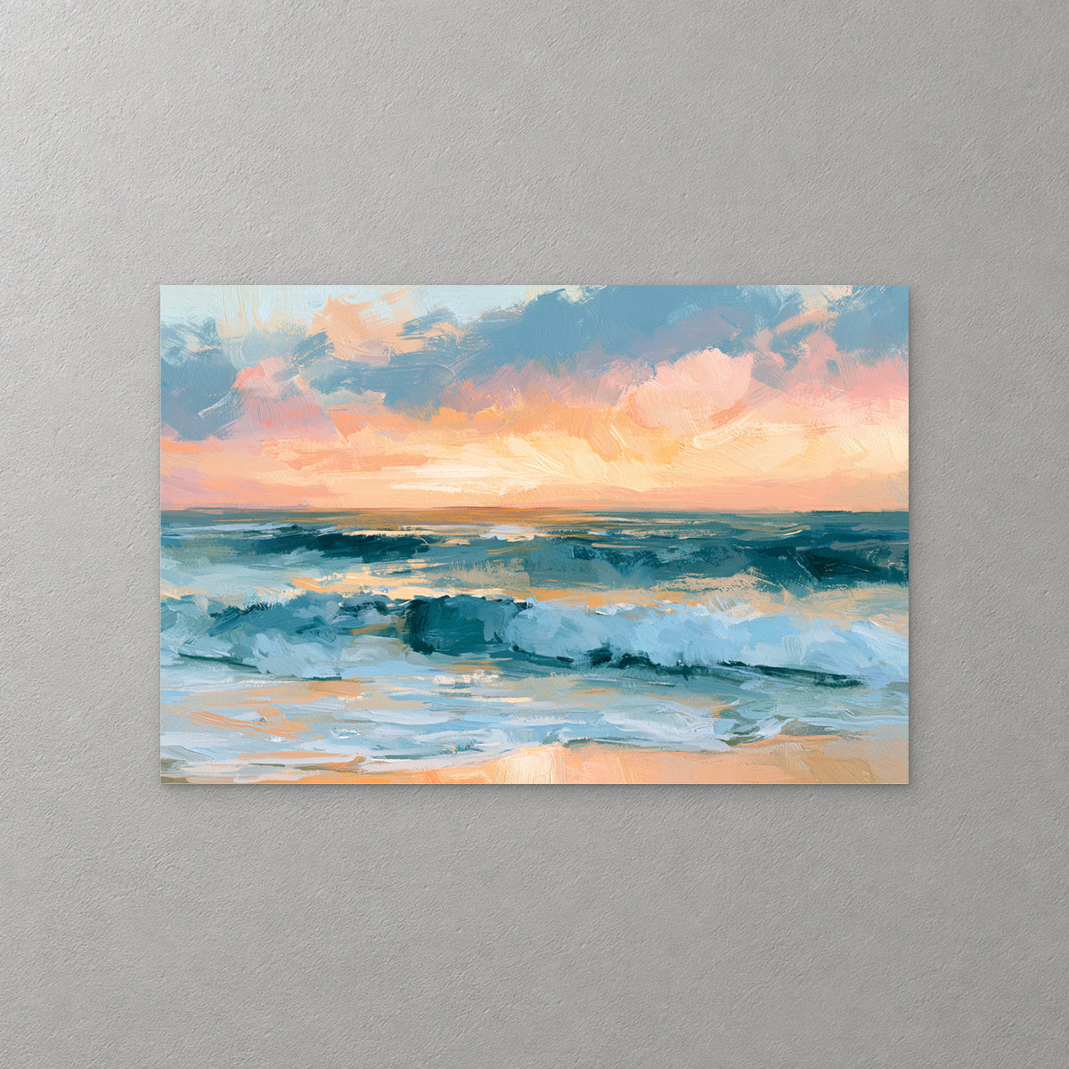 Teal waves roll toward peach-lit sand beneath a bank of slate blue and pink cloud at sunset — canvas wall art print