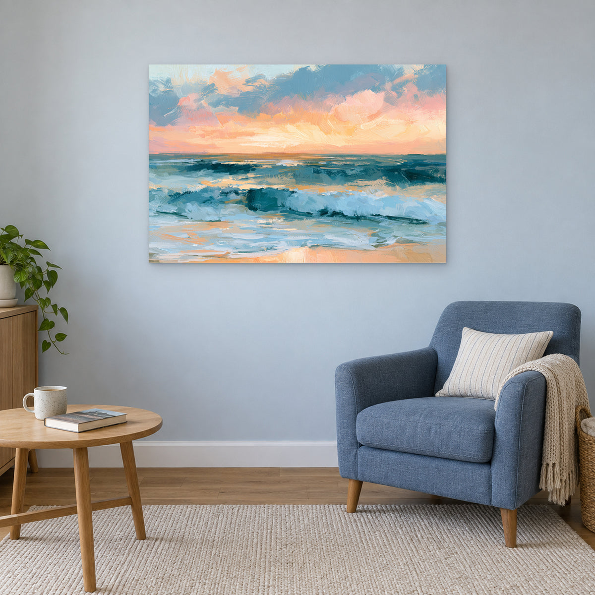 Sunset Surf Cloud Bank canvas wall art above a blue armchair and round wooden side table in a reading corner