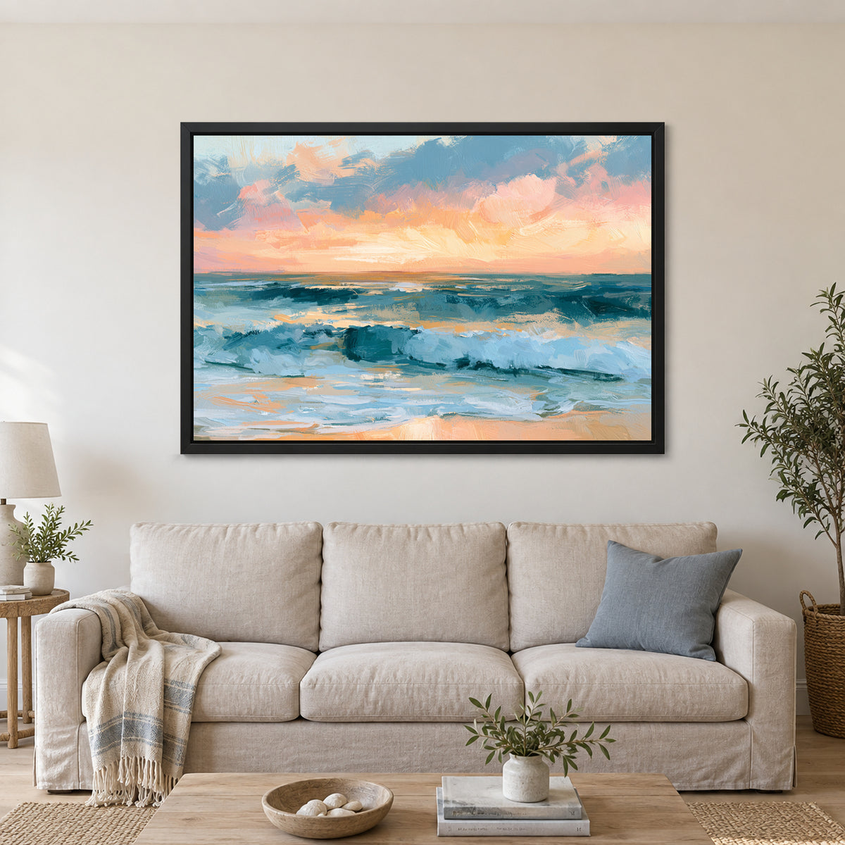 Sunset Surf Cloud Bank framed canvas in a black floating frame above a linen sofa with a blue cushion