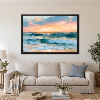 Sunset Surf Cloud Bank framed canvas in a black floating frame above a linen sofa with a blue cushion