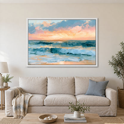 Sunset Surf Cloud Bank framed canvas in a white floating frame above a linen sofa with a blue cushion