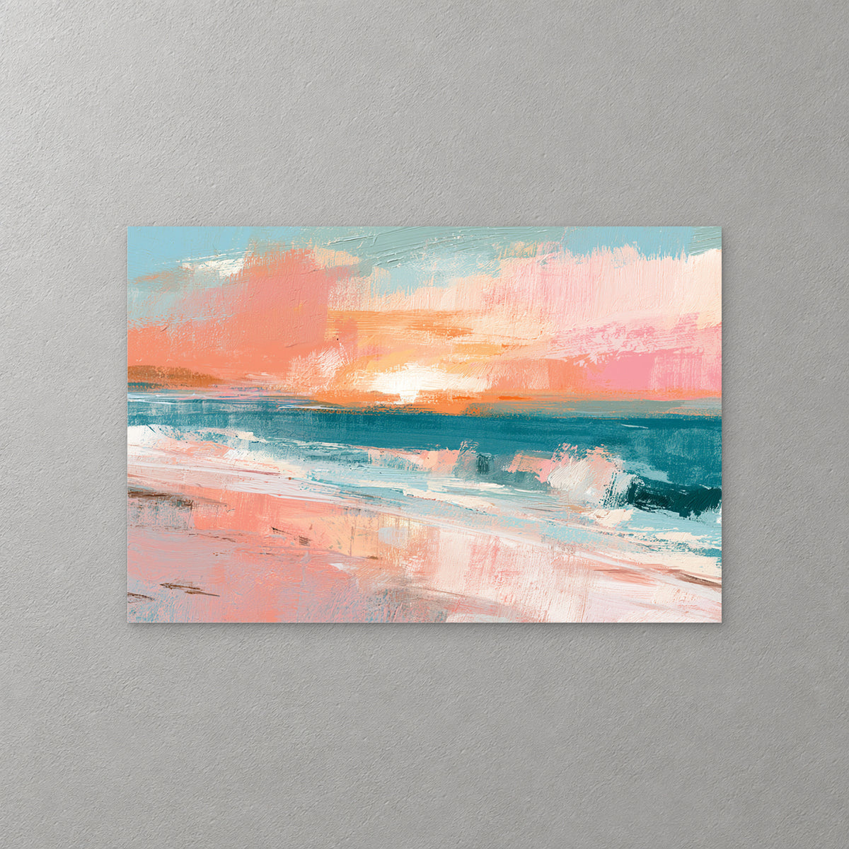 A beach at sunset built from broad strokes of coral, pink and deep teal, with a white sun on the horizon and a wave breaking at the right — canvas wall art print