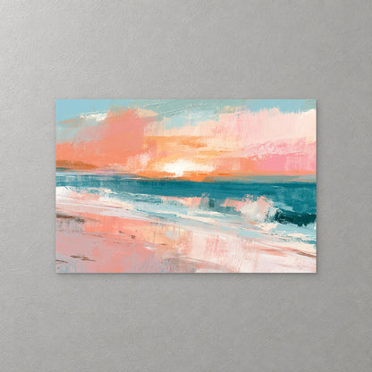 A beach at sunset built from broad strokes of coral, pink and deep teal, with a white sun on the horizon and a wave breaking at the right — canvas wall art print