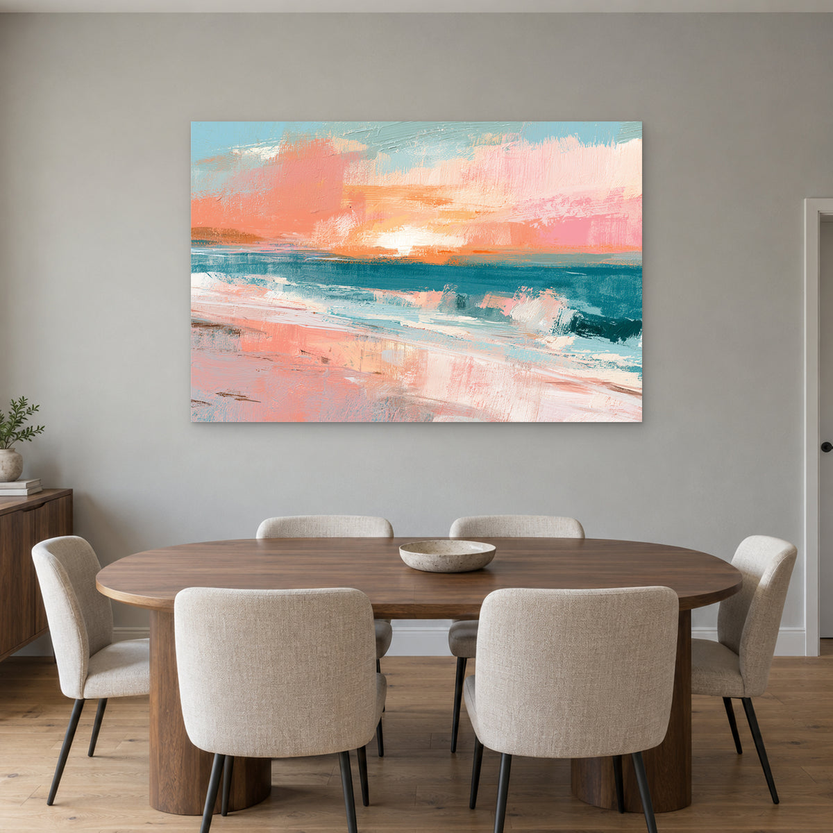Minimalist Beach Sunset Bands canvas wall art above an oval wooden dining table with cream upholstered chairs
