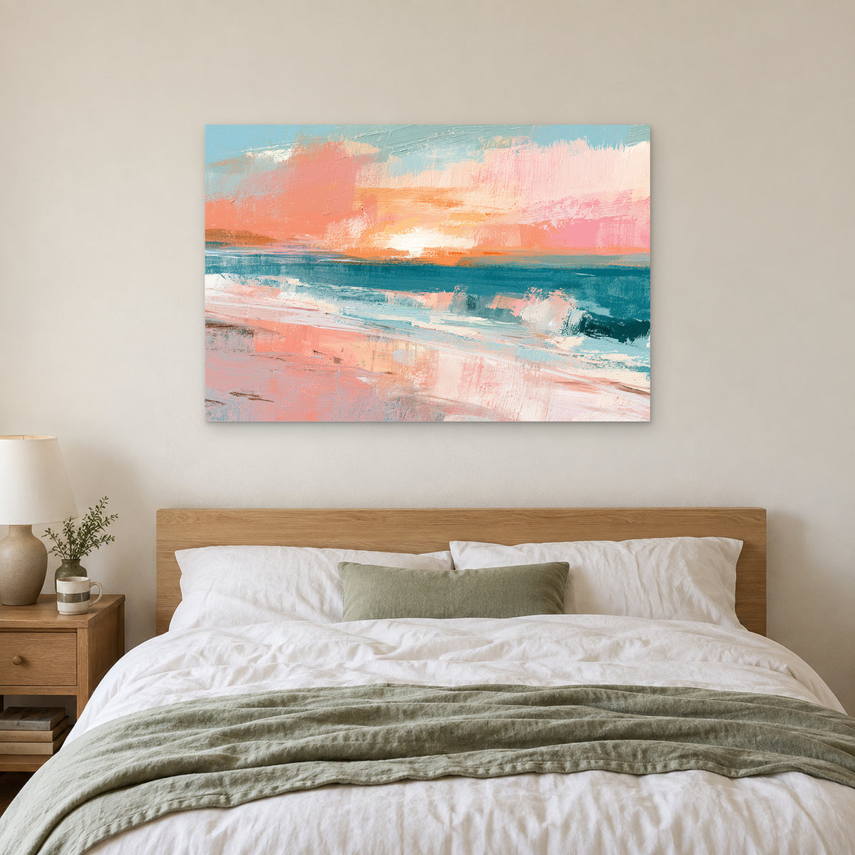 Minimalist Beach Sunset Bands canvas wall art above a bed with white linens and a sage throw