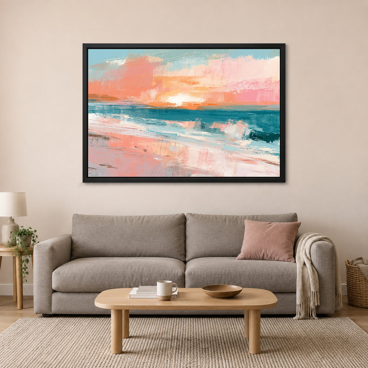 Minimalist Beach Sunset Bands framed canvas in a black floating frame above a taupe sofa on a blush wall