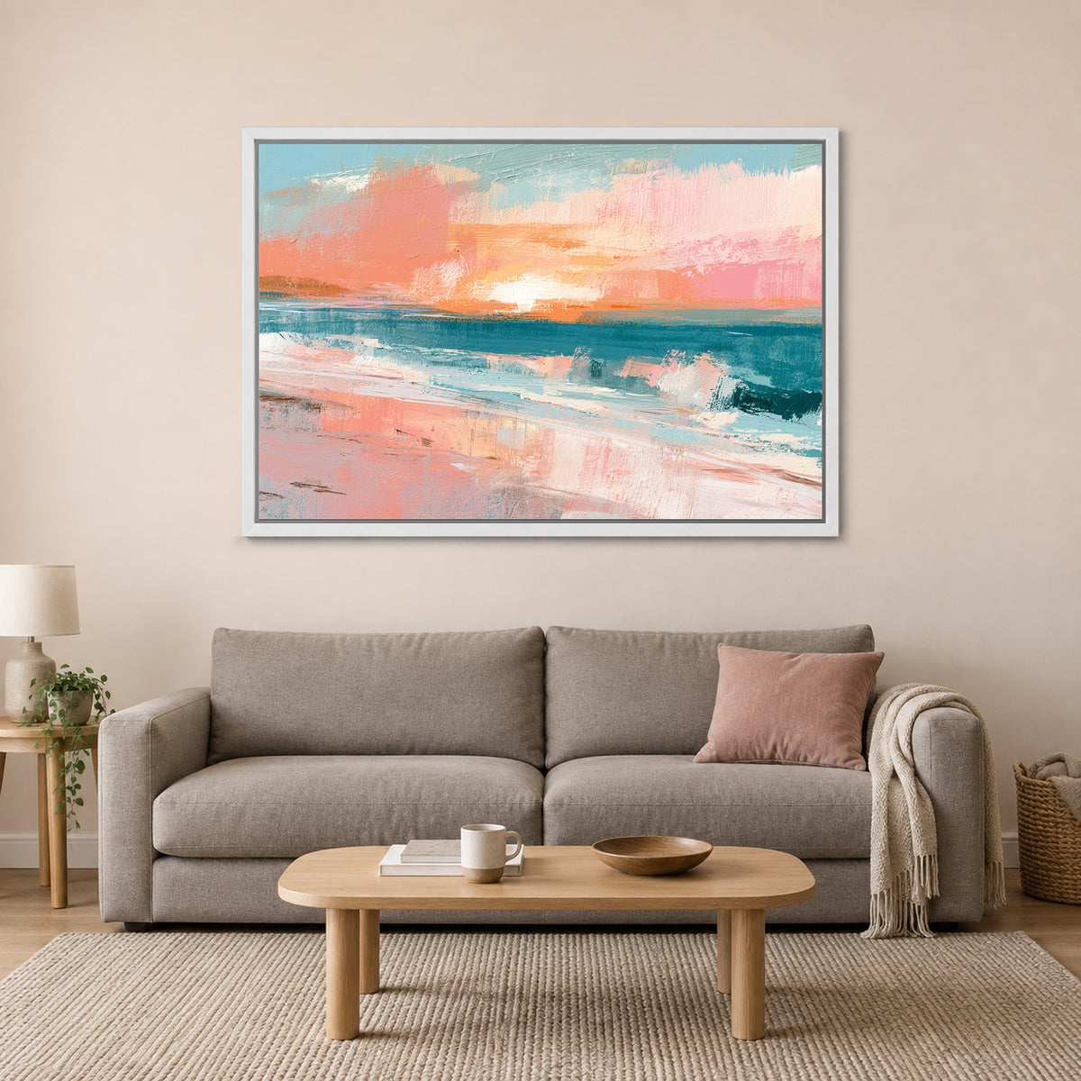Minimalist Beach Sunset Bands framed canvas in a white floating frame above a taupe sofa on a blush wall