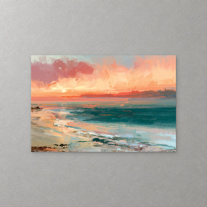 Wet sand curves along a teal bay at sunset, under a coral and rose sky with a low dark headland on the horizon — canvas wall art print