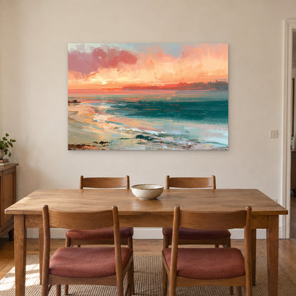 Curving Shoreline Sunset canvas wall art above a wooden dining table with rust-cushioned chairs