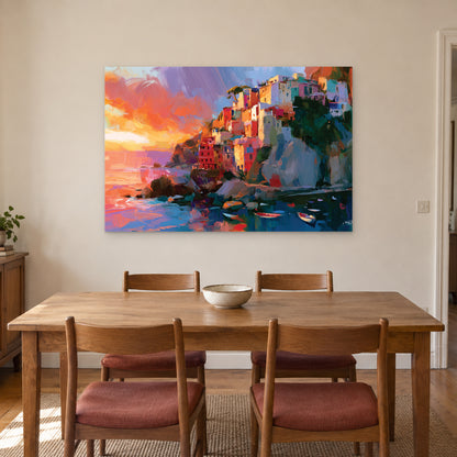 Mediterranean Cliff Harbour Coastal canvas wall art above a wooden dining table with rust-cushioned chairs