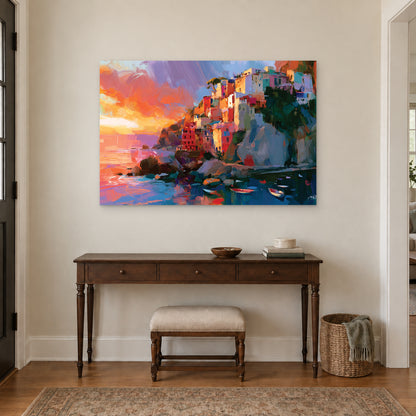 Mediterranean Cliff Harbour Coastal canvas wall art above a dark wood console table and upholstered bench in an entryway