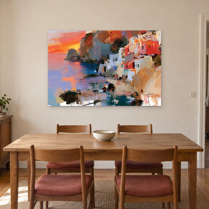 Coastal Town Sunset Headland canvas wall art above a wooden dining table with rust-cushioned chairs