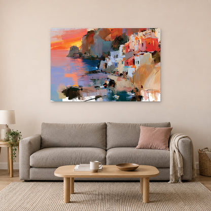 Coastal Town Sunset Headland canvas wall art above a taupe sofa on a blush wall