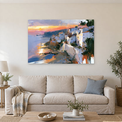 Hillside Bay Town Palms canvas wall art above a linen sofa with a blue cushion in a bright living room