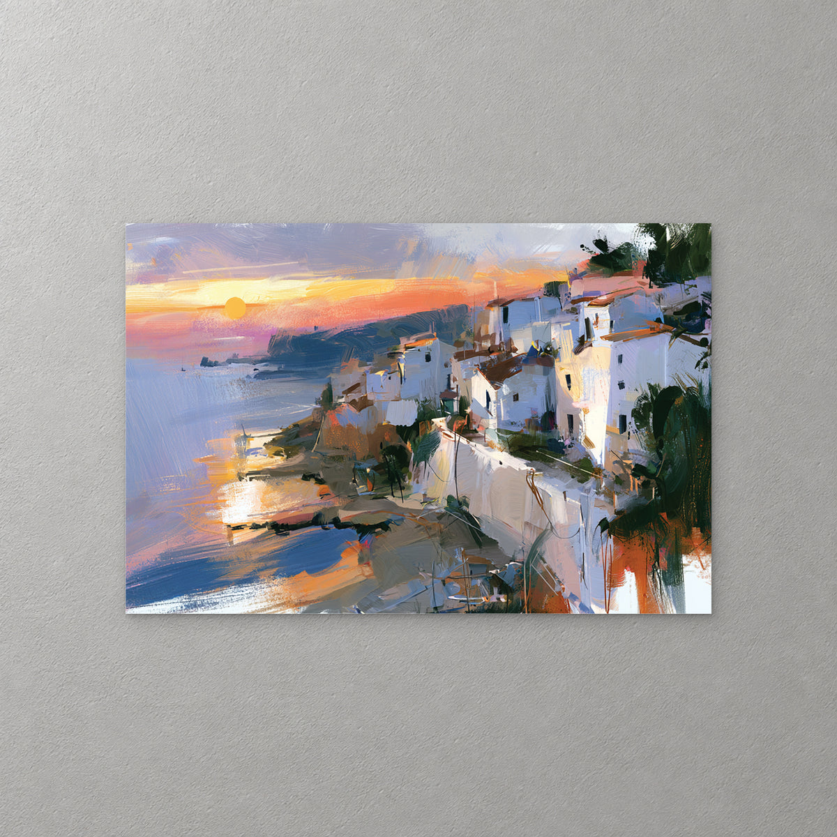 White houses and a long wall step down a hillside above a bay, with a yellow sun low in a lilac and orange sky and dark palms at the right — canvas wall art print