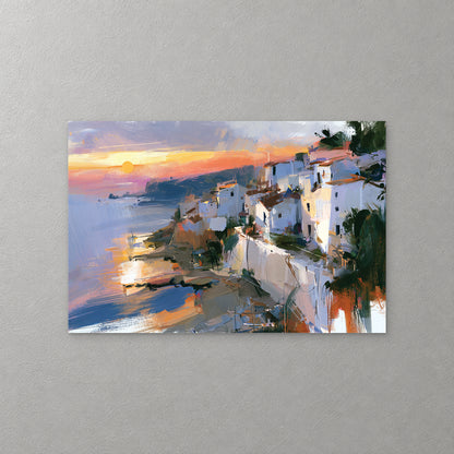 White houses and a long wall step down a hillside above a bay, with a yellow sun low in a lilac and orange sky and dark palms at the right — canvas wall art print