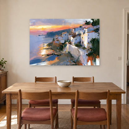 Hillside Bay Town Palms canvas wall art above a wooden dining table with rust-cushioned chairs