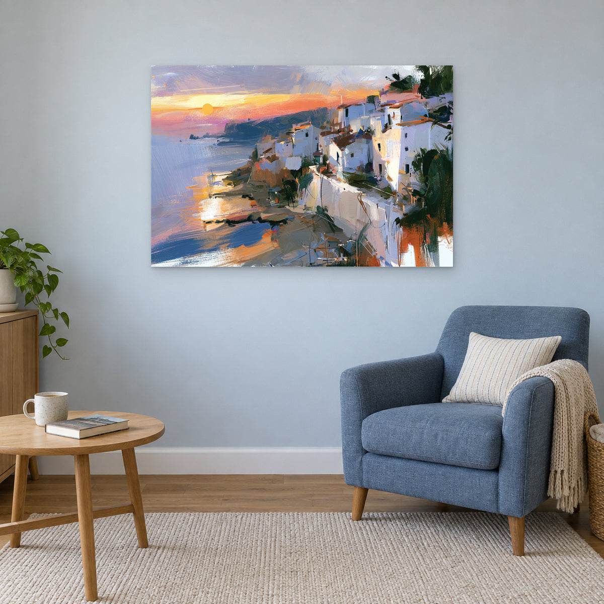 Hillside Bay Town Palms canvas wall art above a blue armchair and round wooden side table in a reading corner