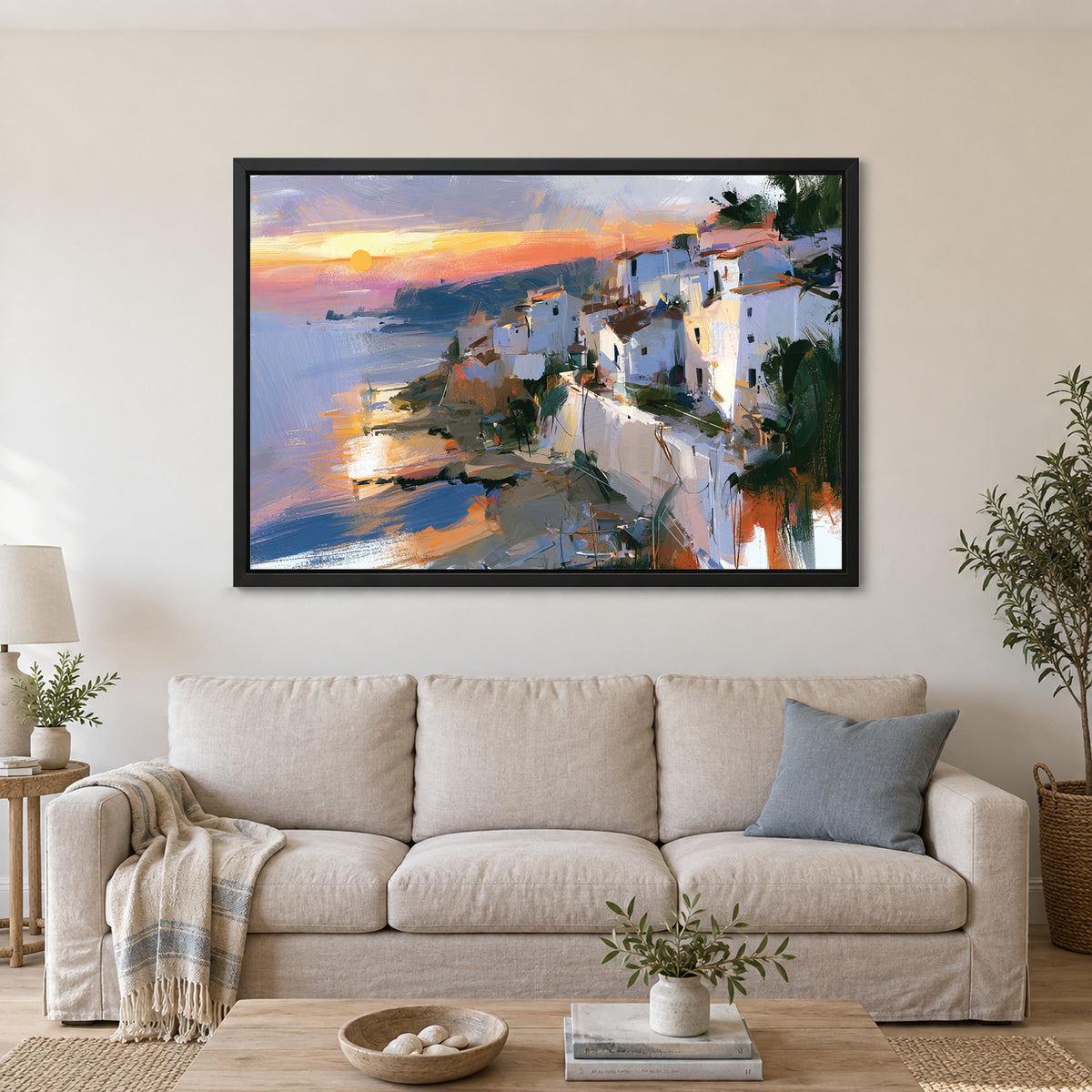 Hillside Bay Town Palms framed canvas in a black floating frame above a linen sofa with a blue cushion
