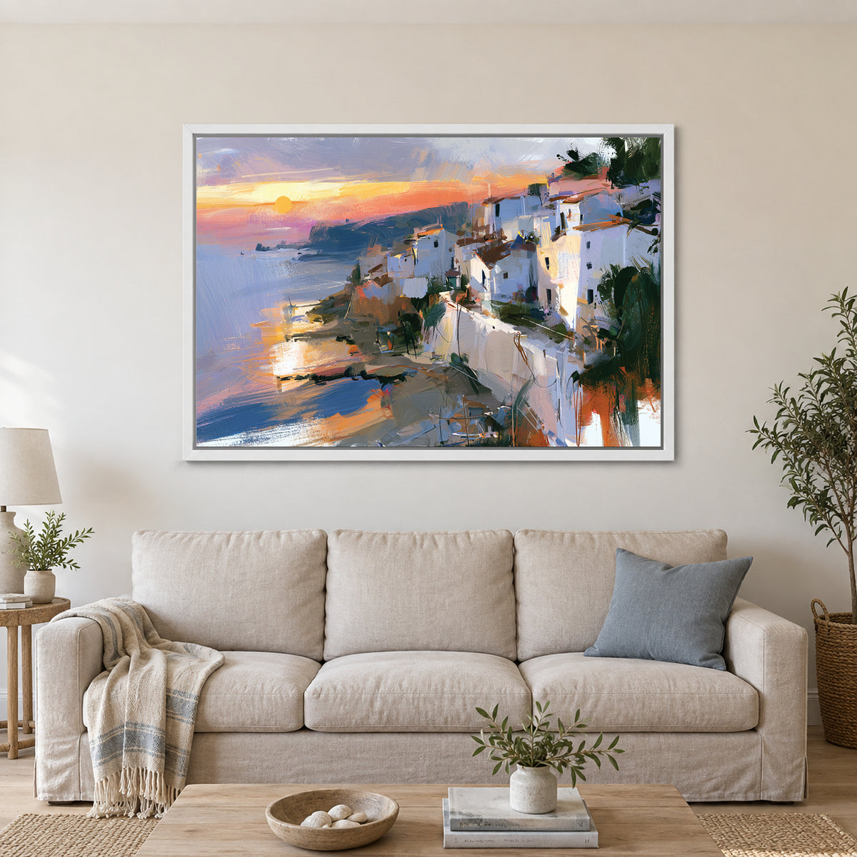 Hillside Bay Town Palms framed canvas in a white floating frame above a linen sofa with a blue cushion