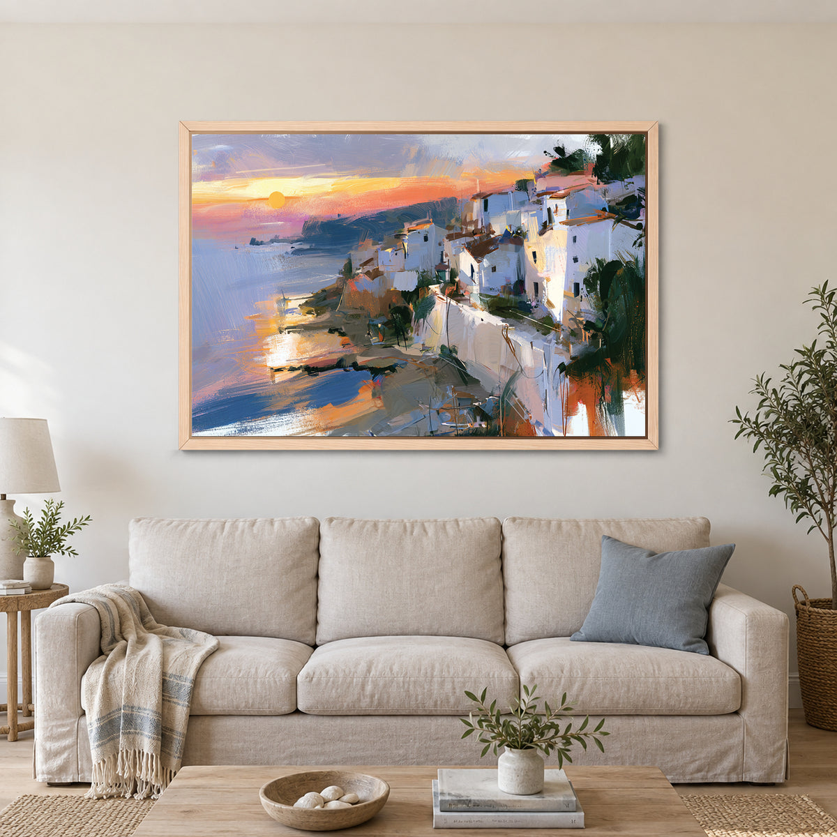 Hillside Bay Town Palms framed canvas in a natural wood floating frame above a linen sofa with a blue cushion