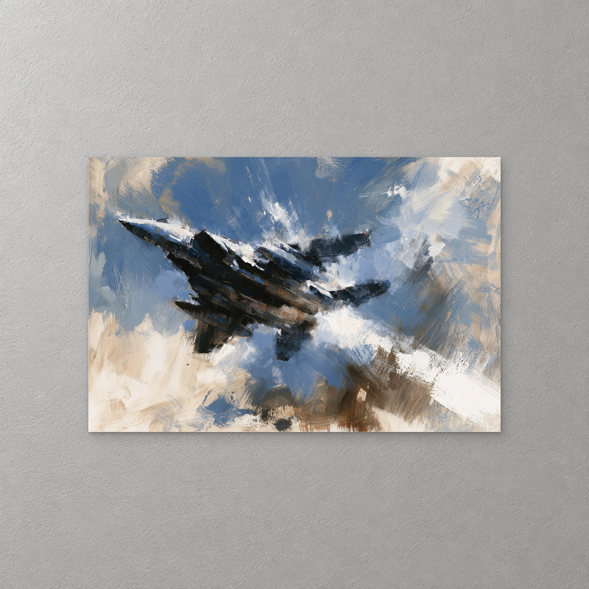 A dark fighter jet banks hard through white cloud, its body cut from heavy strokes of navy and black against slate blue, sand and brown — canvas wall art print