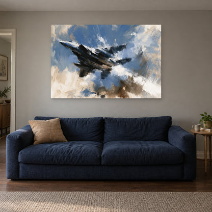 Fighter Jet Banking Through Cloud canvas wall art above a navy sofa in a living room