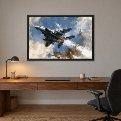 Fighter Jet Banking Through Cloud framed canvas in a black floating frame above a walnut desk with a brass lamp in a home office