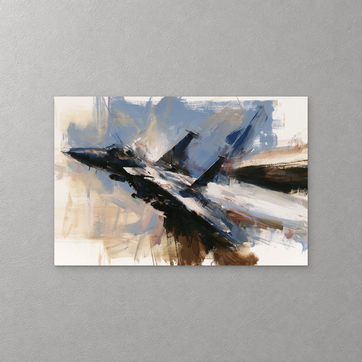A dark fighter jet streaks head-on out of the frame, twin tails raised, with sharp strokes of navy, sand and brown trailing behind it — canvas wall art print