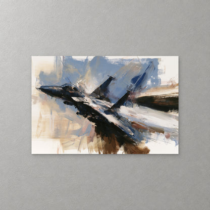 A dark fighter jet streaks head-on out of the frame, twin tails raised, with sharp strokes of navy, sand and brown trailing behind it — canvas wall art print