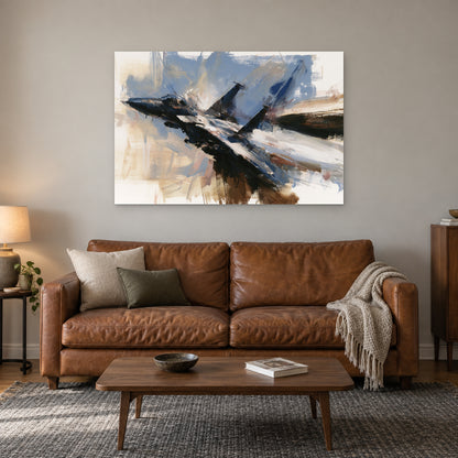Fighter Jet Head-On Flight canvas wall art above a cognac leather sofa with a wooden coffee table