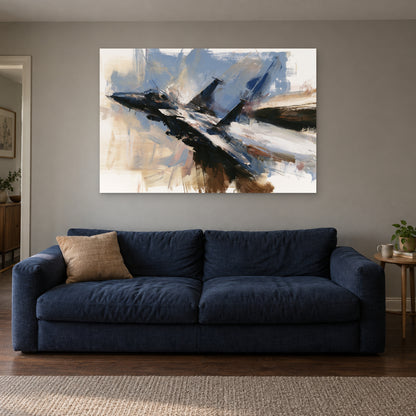 Fighter Jet Head-On Flight canvas wall art above a navy sofa in a living room
