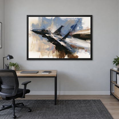 Fighter Jet Head-On Flight framed canvas in a black floating frame above a light wood desk with a black office chair in a home office