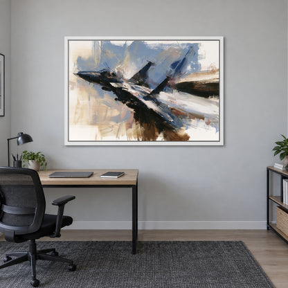 Fighter Jet Head-On Flight framed canvas in a white floating frame above a light wood desk with a black office chair in a home office