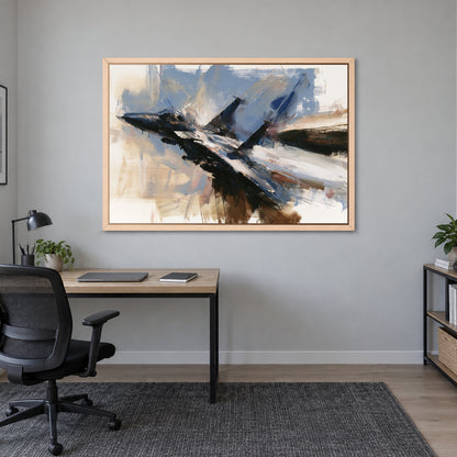 Fighter Jet Head-On Flight framed canvas in a natural wood floating frame above a light wood desk with a black office chair in a home office