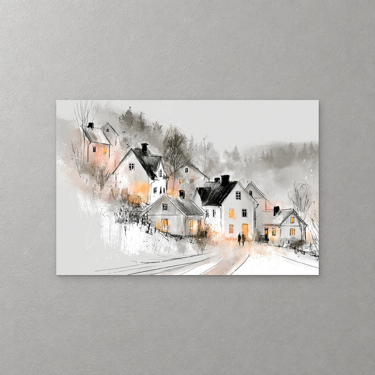 White cottages with dark roofs and amber-lit windows gather along a snowy lane at dusk, drawn in loose black ink with soft grey and peach washes — canvas wall art print