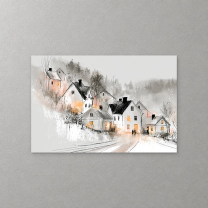 White cottages with dark roofs and amber-lit windows gather along a snowy lane at dusk, drawn in loose black ink with soft grey and peach washes — canvas wall art print