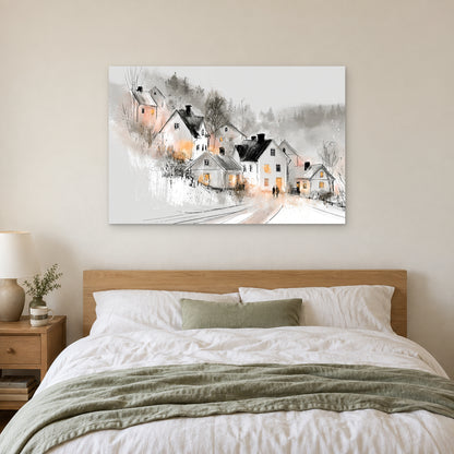 Finland Winter Dusk Cottages canvas wall art above a bed with white linens and a sage throw