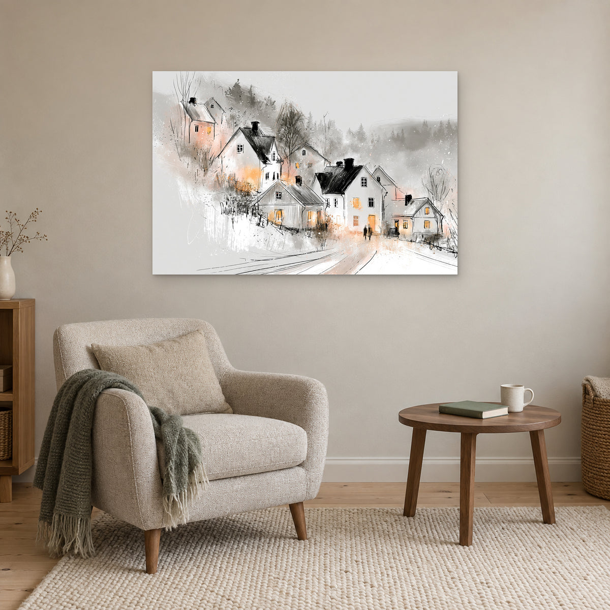 Finland Winter Dusk Cottages canvas wall art above a cream armchair and round wooden side table