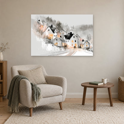 Finland Winter Dusk Cottages canvas wall art above a cream armchair and round wooden side table