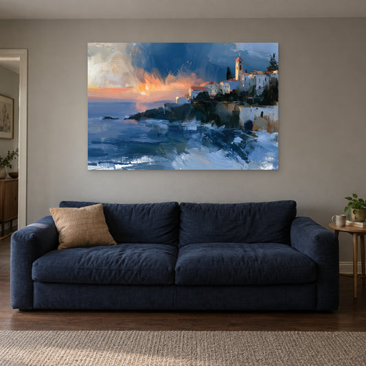 Greek Town Bell Tower Dusk canvas wall art above a navy sofa in a living room
